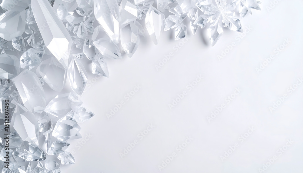Poster a collection of clear, faceted crystals and snowflake shapes scattered on a white background with co