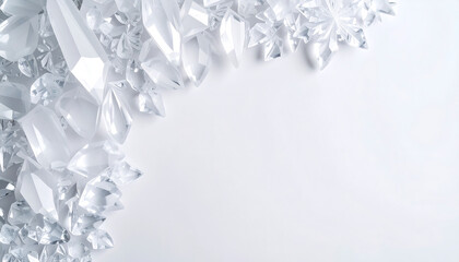 A collection of clear, faceted crystals and snowflake shapes scattered on a white background with copy space.