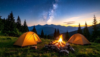 Camping tents and fire under night sky.