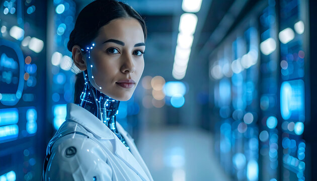 A woman with subtle cybernetic enhancements wears a lab coat in a futuristic data center environment with blue lights.