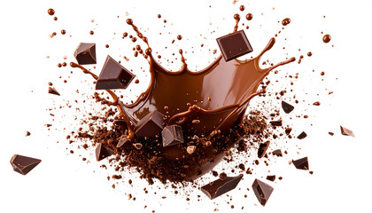 Fototapeta premium Dynamic chocolate splash with flying pieces and powder on white background, symbolizing richness and flavor.