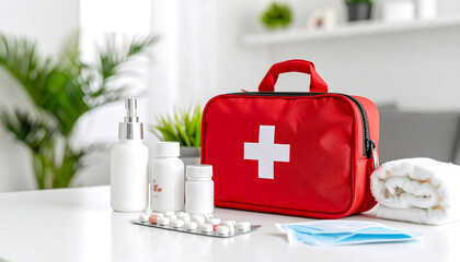 First aid kit, medical supplies, mask, and towel on table, ready for emergencies. Healthcare preparedness.