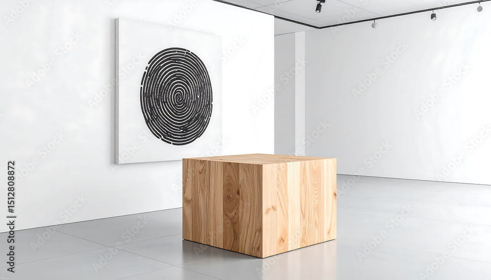 Poster modern gallery with a large fingerprint painting and wooden display cube.