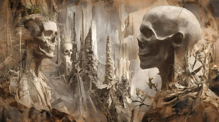 editorial visual for human condition study | time-scarred flesh | silent agony | decaying flesh tones | foreground decay dominance | grotesque beings | bone structure detailing | shadow engulfing |