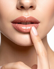 Close-up of Glossy Lips with Soft Finger Gesture on Smooth Skin