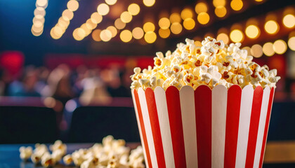 Freshly Popped Popcorn in Red and White Striped Bucket at Theater