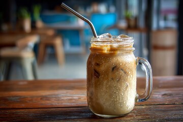 Delicious iced coffee in a mason jar with a straw on a wooden table in a cafe setting.