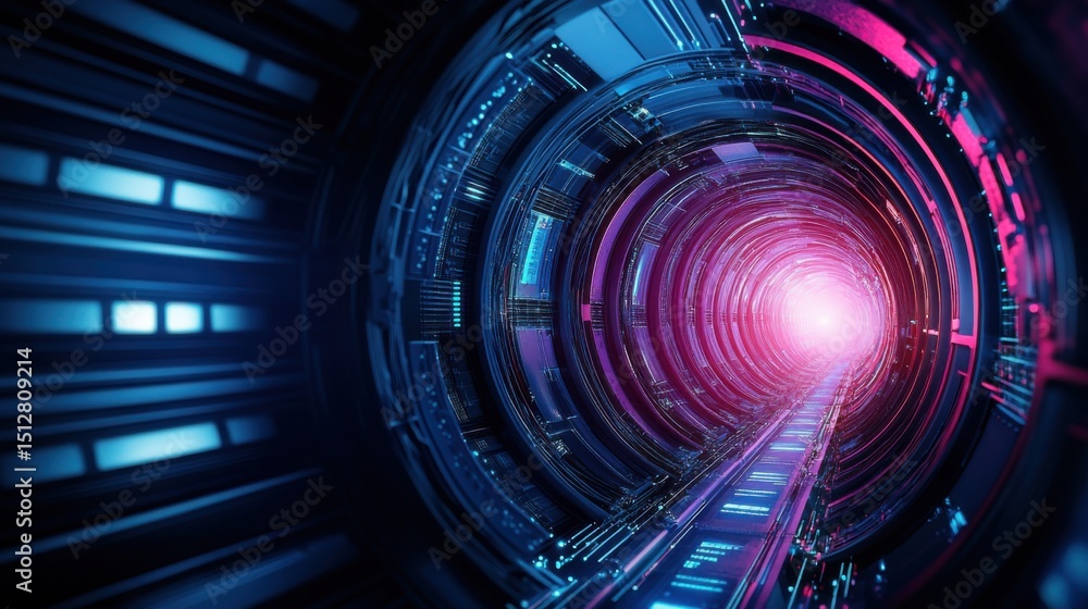 Poster futuristic sci-fi tunnel with glowing lights and abstract patterns