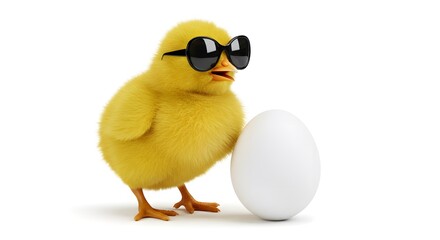 Funny Chick Wearing Sunglasses with Easter Egg on White Background