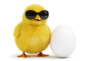 Cute Chick with Sunglasses and White Egg on White Background