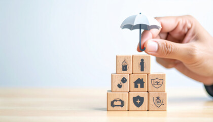 Creative Insurance Concept with Wooden Blocks and Umbrella Illustration