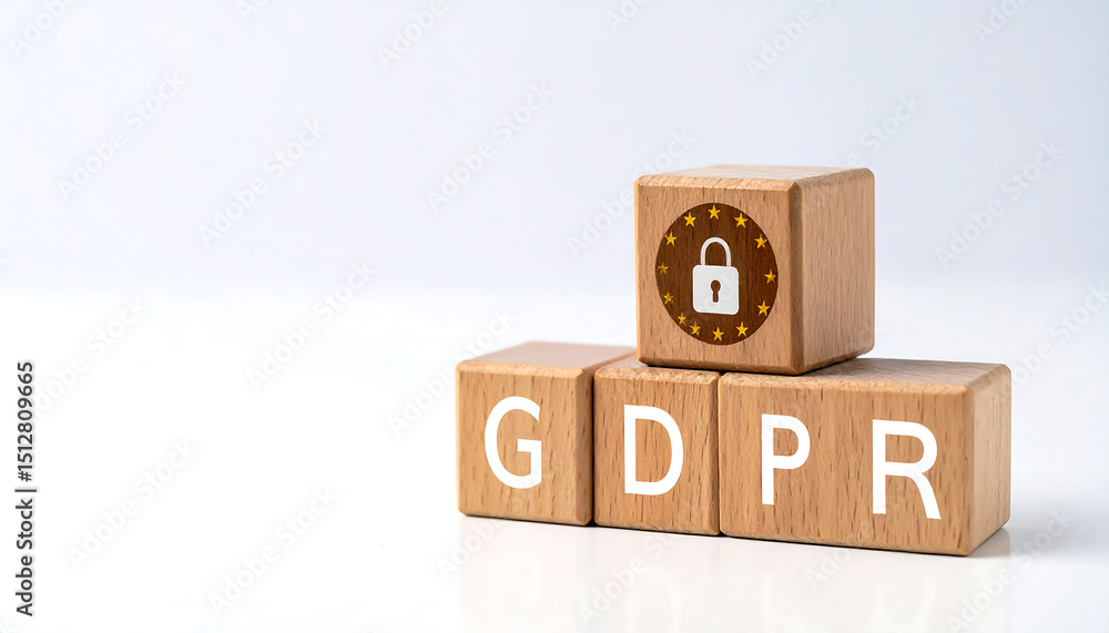 Poster wooden blocks spelling gdpr with a lock icon block, representing data privacy and regulation.