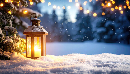 Winter Night Scene with Lantern, Snow, and Holiday Lights Glow