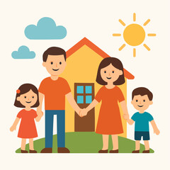 Illustration of a family of four holding hands in front of a house under the sun and clouds