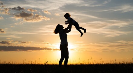 Mother and Child Silhouette at Sunset - Mom Lifting Baby in the Air