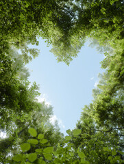 見上げると空がハート型に見える森の中