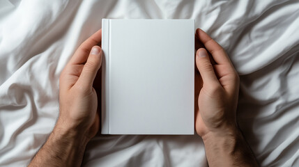 Naklejka premium Blank white book mockup on wrinkled linen fabric (off-white), gentle studio light enhancing fabric folds. Vast copy space on upper half (pure white). Tactile, cozy minimalism.