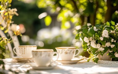 Fototapeta premium Elegant tea cups in garden setting - suitable for professional presentations