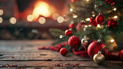 A warm and inviting Christmas scene featuring a decorated evergreen tree with red and gold ornaments, set against a bokeh backdrop of a glowing fireplace. Rustic charm and holiday ambiance. - Powered by Adobe