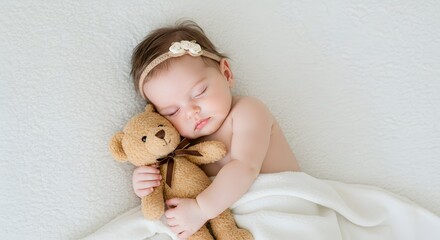 Newborn Baby Girl Sleeping with Teddy Bear
