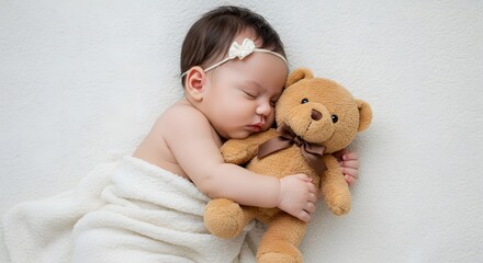 Baby Sleeping with Teddy Bear on White Blanket - Newborn Infant Portrait