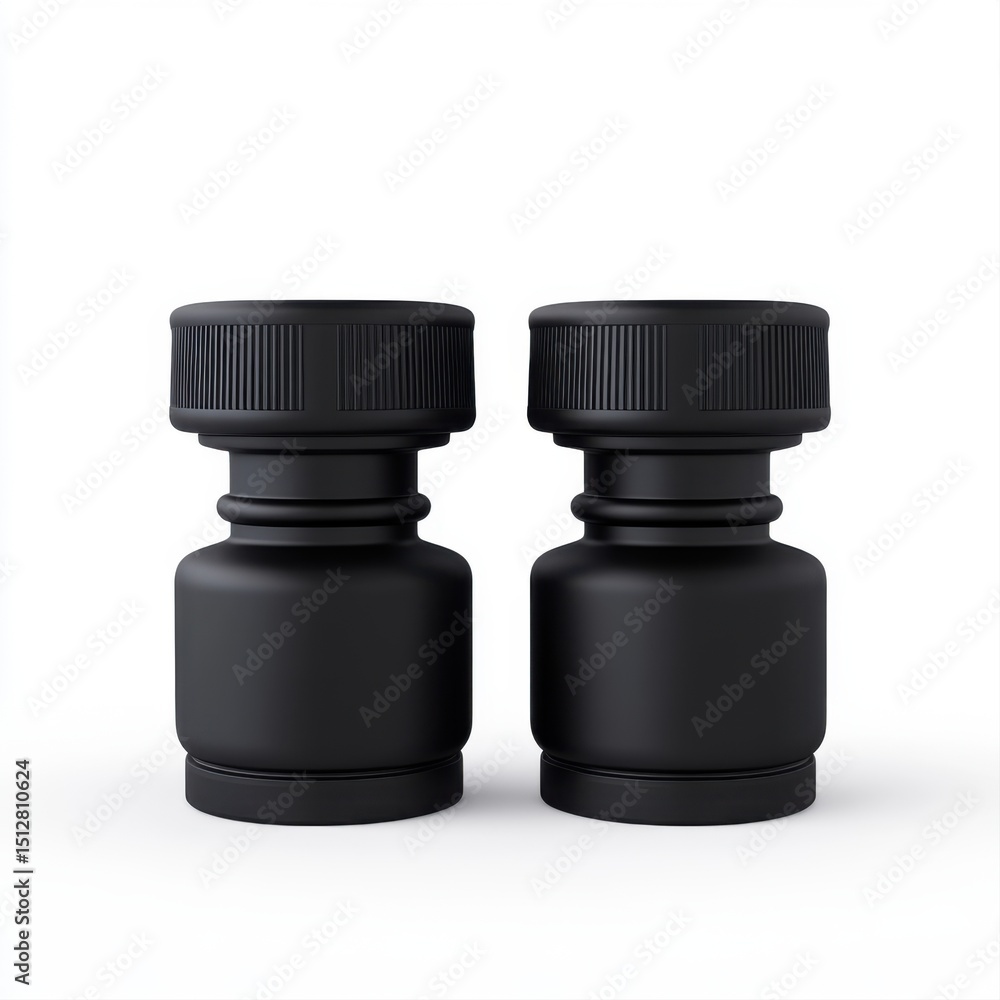 Poster two black bottles with caps on a white background for minimalistic design