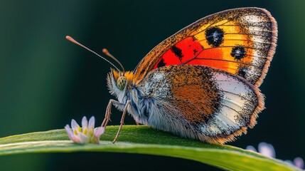 Obraz premium Close-up of a colorful butterfly on a blade of grass