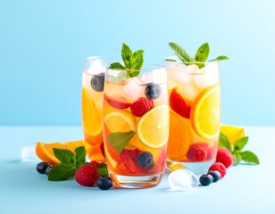 Fototapeta premium Refreshing fruit tea drinks on a light blue surface