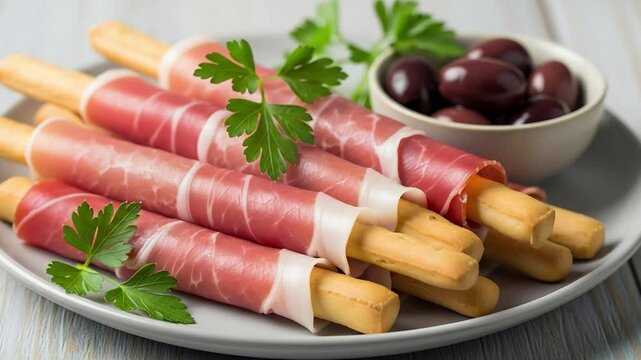 Exquisite culinary creation featuring grissini wrapped in prosciutto. 