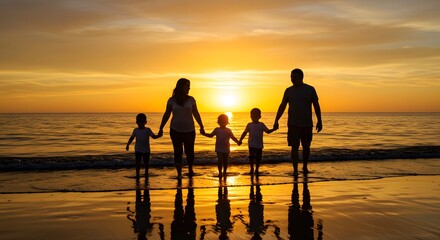 Family Silhouette at Sunset on Beach - Parents and Children Holding Hands