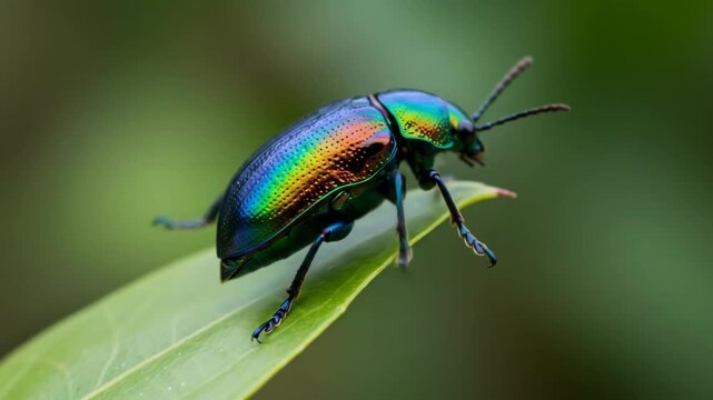 Iridescent jewel beetle crawling on a leaf, vibrant close-up, calm natural green background