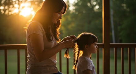 Mother Braiding Daughter's Hair at Sunset - Family Bonding Moment