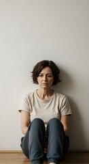 Woman sitting on floor with lost depressive expression. Mental health problem with sad girl in despair. Solitude and depression.