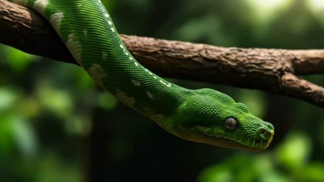 Green tree python coiled on branch, vibrant tropical rainforest background, calm and mysterious atmosphere
