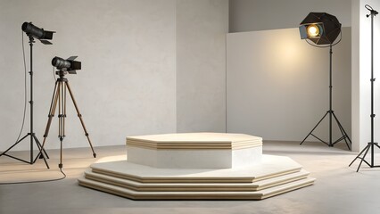 Modern studio setup with octagonal platform and lighting equipment