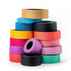 Colorful Rolls of Adhesive Tape Stacked on White Background