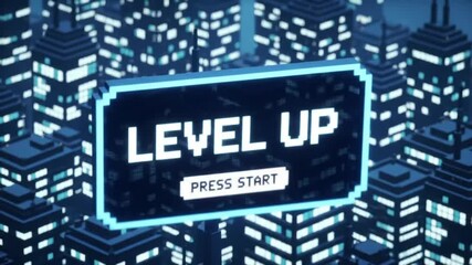 Pixelated Level Up Screen with Press Start Text over a Low Poly Cityscape - Powered by Adobe
