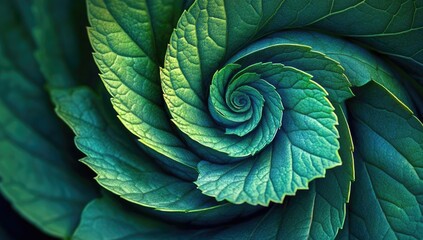Close-up spiral arrangement of vibrant green leaves.  Intricate pattern of overlapping leaves forming a mesmerizing spiral.  Shades of teal and emerald green highlight the leaf structure