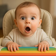 Surprised Baby with Big Eyes and Open Mouth Sitting in High Chair