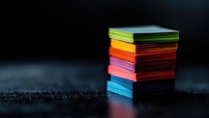 A stack of colorful sticky notes.  Stacked brightly colored notes on dark surface