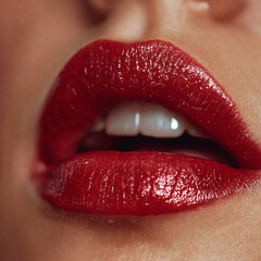 Obraz premium Seductive Glossy Red Lips Closeup Makeup Beauty Portrait Vibrant Hydrated Fullness Luxurious Fashion Elegance Allure Smooth Crimson Lipstick Trend Charming Textured Cosmetics Society Visuals