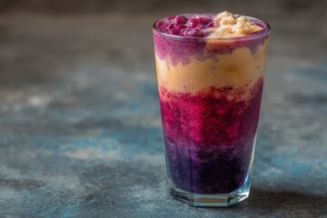 Vibrant layered smoothie in a tall glass, a healthy and colorful breakfast beverage.