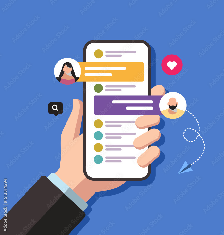 Poster smartphone chat interface with notifications and interaction