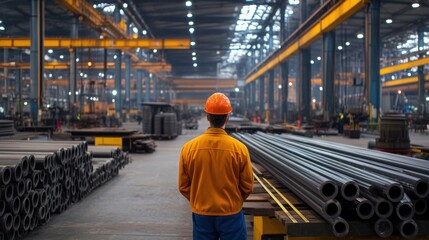 Fototapeta premium Worker in Safety Gear Observing Industrial Warehouse with Steel Pipes