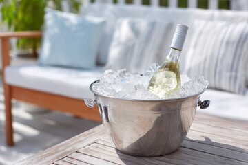 A chilled bottle of white wine in an ice bucket on a wooden table, ready to enjoy outdoors.