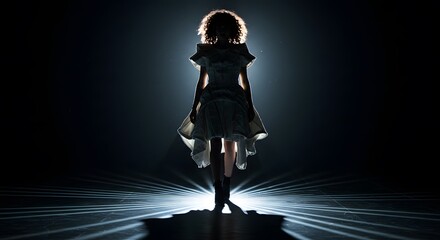Silhouette of a Woman Backlit with Dramatic Lighting, Dark Background, Fashionable Dress