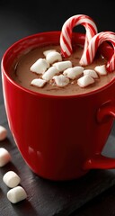 Red Mug Of Hot Chocolate With Marshmallows And Candy Canes