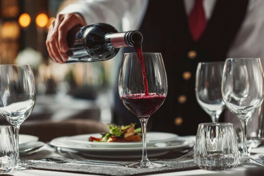 A waiter pours red wine into a glass, preparing the table for a fine dining experience.