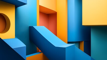 Colorful geometric shapes create a dynamic visual composition.