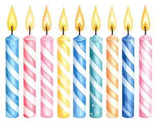 Realistic watercolor birthday candles in various colors and patterns, hand-painted style, isolated on transparent background, perfect for digital decorations